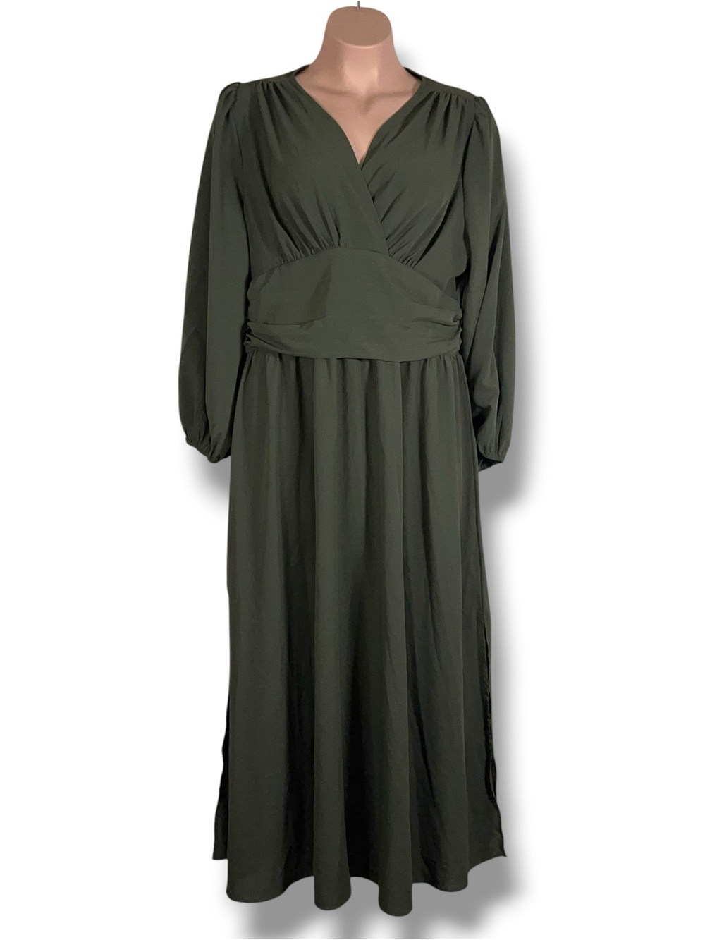 XXXL Shein Military Olive Green Maxi Dress Long Sleeve Smocked Waist Vneck
